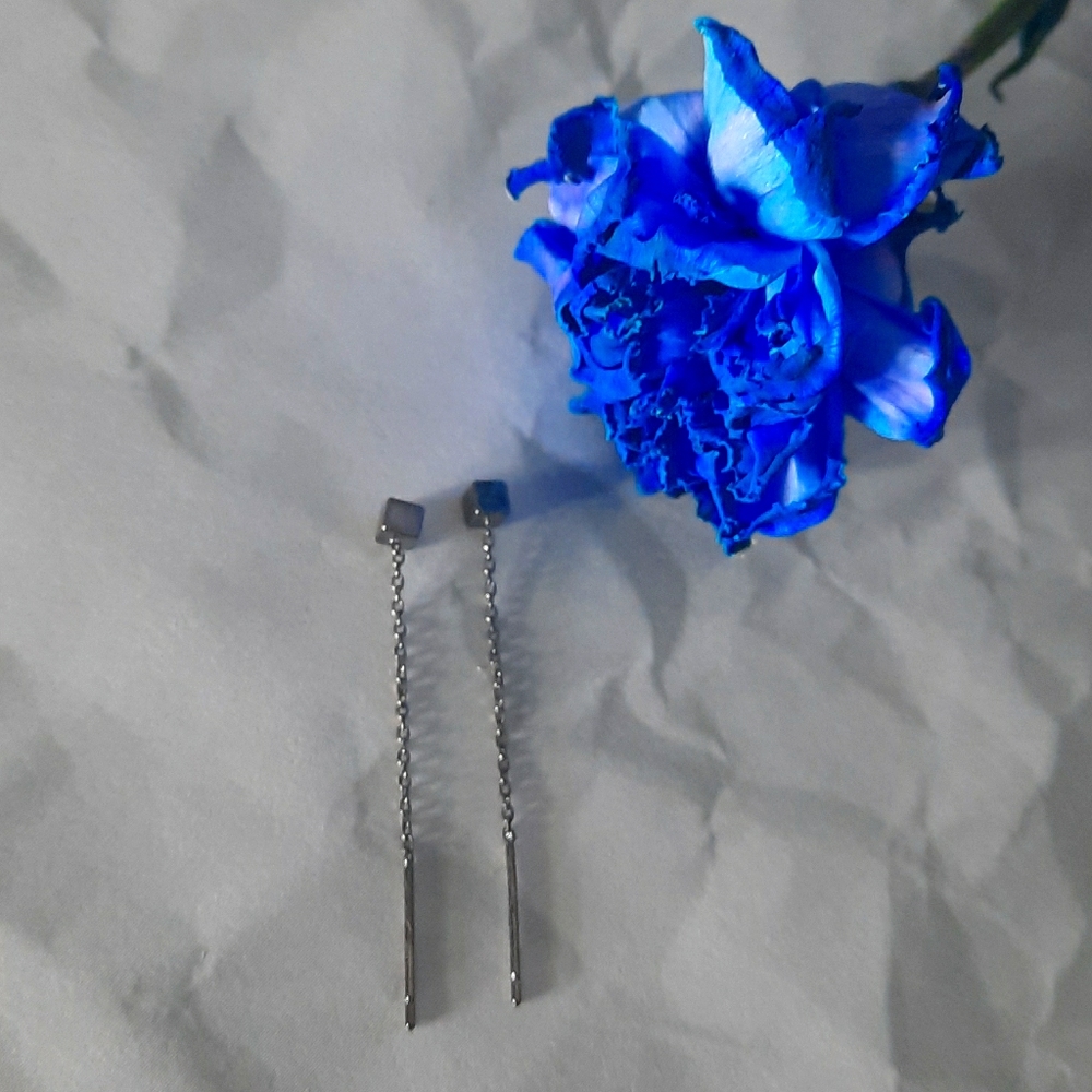 Dark silver cube thread through earrings